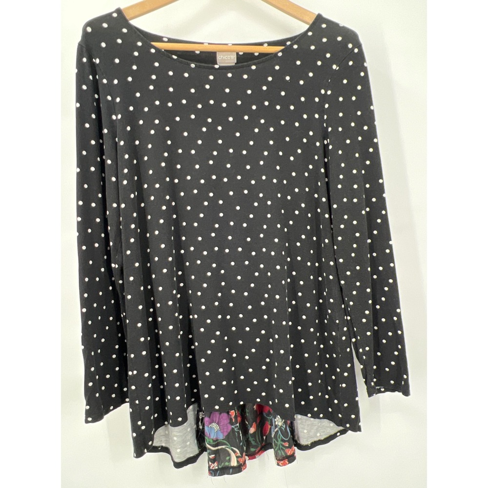 Chicos Polka Dot Floral Split Back Top Black White Long Sleeve Size 1 M